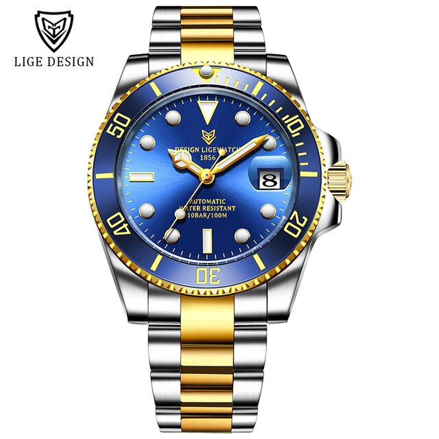 LIGE Men Watch 316L Steel Automatic Mechanical Tourbillon Clock Fashion 100M Waterproof Luminous Watches Automatic Movement Gold blue