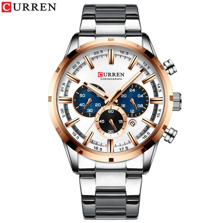 Men Watch Blue Dial Stainless Steel Band Date Mens Business Male Watches Waterproof Luxuries Men Wrist Watches for Men Silver white