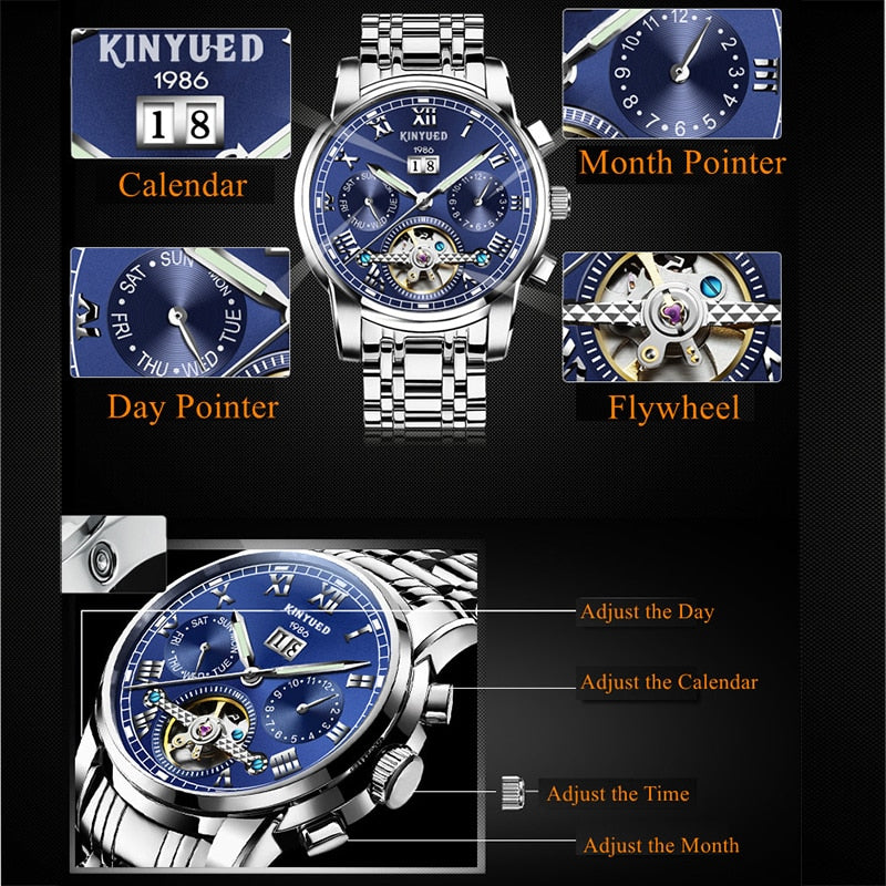 New Men Kinyued Stainless Steel Watch Band Automatic Mechanical Business Wrist Watch Luxury Brand Waterproof Watch for Men