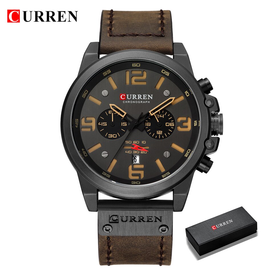 Men Watches Top Luxury Brand Waterproof Sport Wrist Watch Chronograph Quartz Military Genuine Leather Relogio Masculino black yellow-box