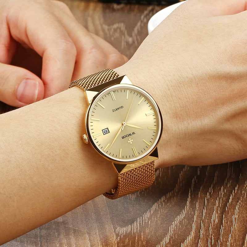 Men Simple Slim Watches Luxury Brand Gold Steel Mesh Ultra Thin Waterproof Date Wrist Watch Men Golden Clock With Box