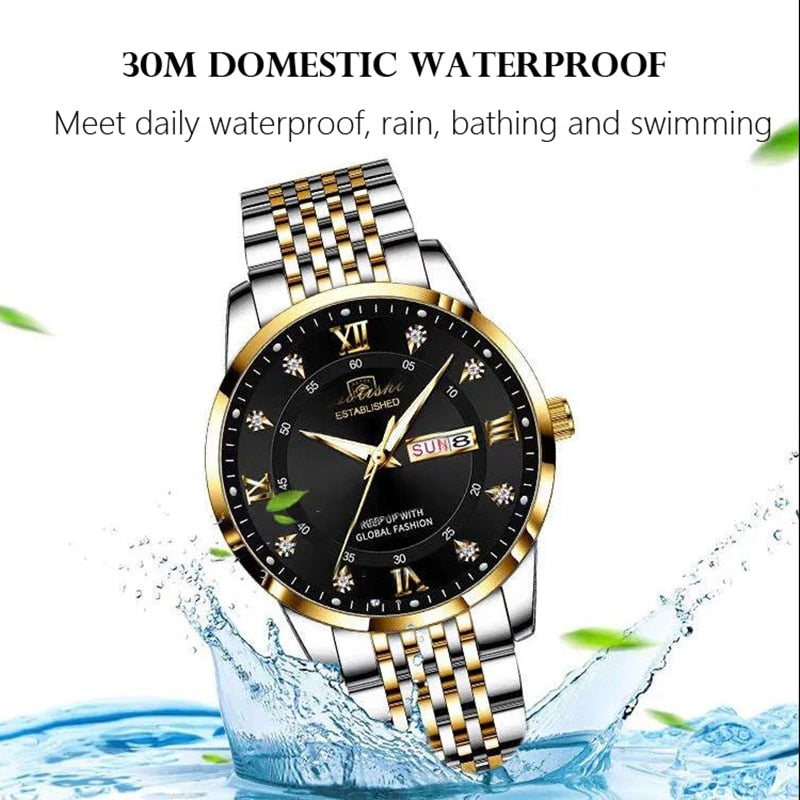 New Casual Sport Chronograph Men's Watches Stainless Steel Band Wristwatch Big Dial Quartz Clock with Luminous Pointers+box