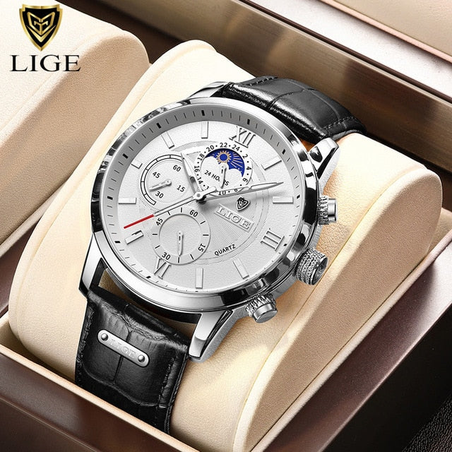 New Mens Watches LIGE Top Brand Luxury Leather Casual Quartz Watch Men Sport Waterproof Clock Watch Relogio Masculino+Box