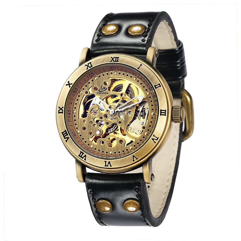 Retro Style Men Automatic Mechanical Watch Skeleton Steampunk Genuine Leather Band Mens Self Winding Wrist Watches Men Reloj M5 Black