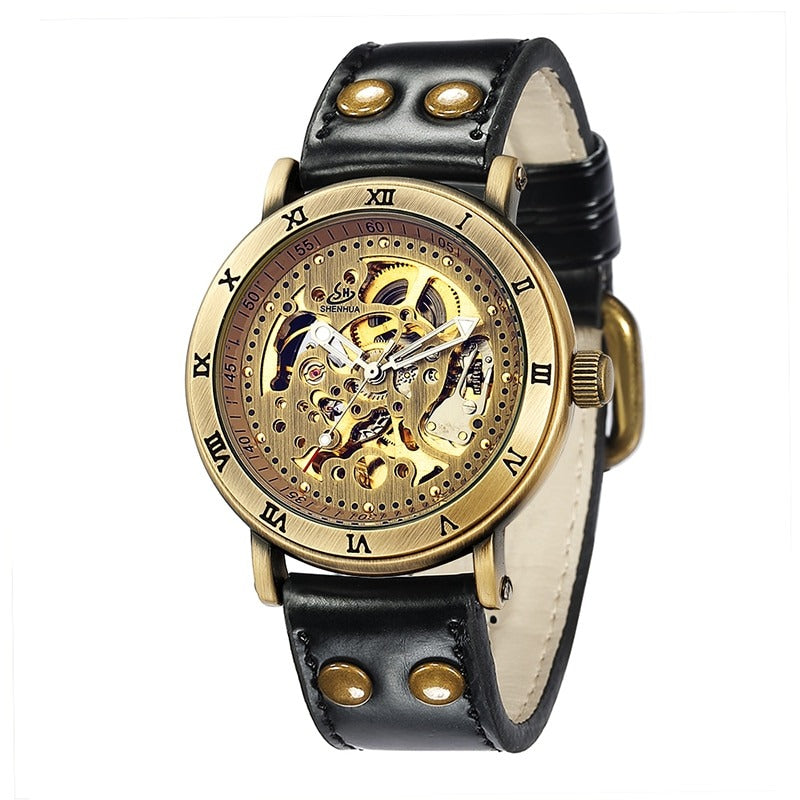 New Men Retro Automatic Mechanical Watch Skeleton Steampunk Genuine Leather Band Mens Self Winding Wrist Watches Men