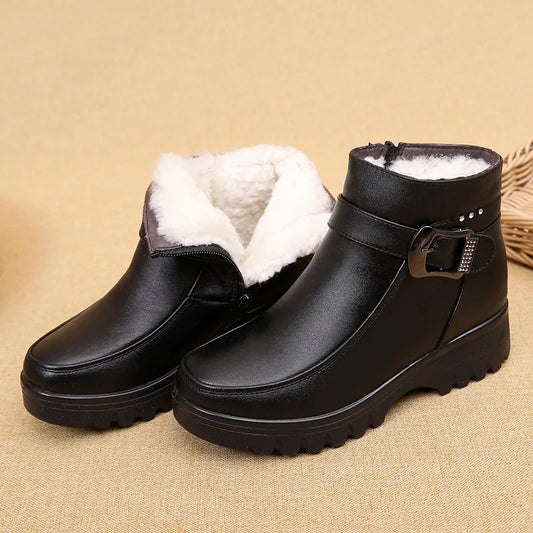 Winter Women Genuine Leather Ankle Boots Female Thick Plush Warm Snow Boots Mother Waterproof Non-slip Booties