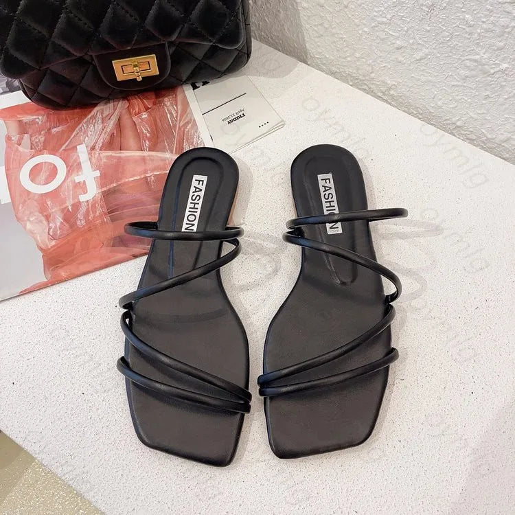 Slippers women summer Korean version new square-toe flat-heel candy color fashion outer wear sandals slippers