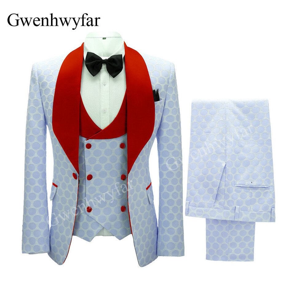 New Polka Dot Dress Suit for Men Custom Made Shawl Lapel Blazer Vest with Pants Fashion Wedding Tuxedos Groomsmen Wear image color 14, S