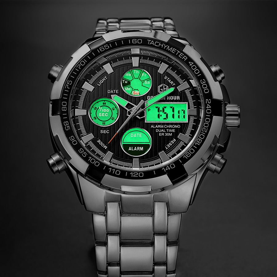 Luxury Brand Waterproof Military Sport Watches Men Silver Steel Digital Quartz Analog Watch Clock Relogios Masculinos