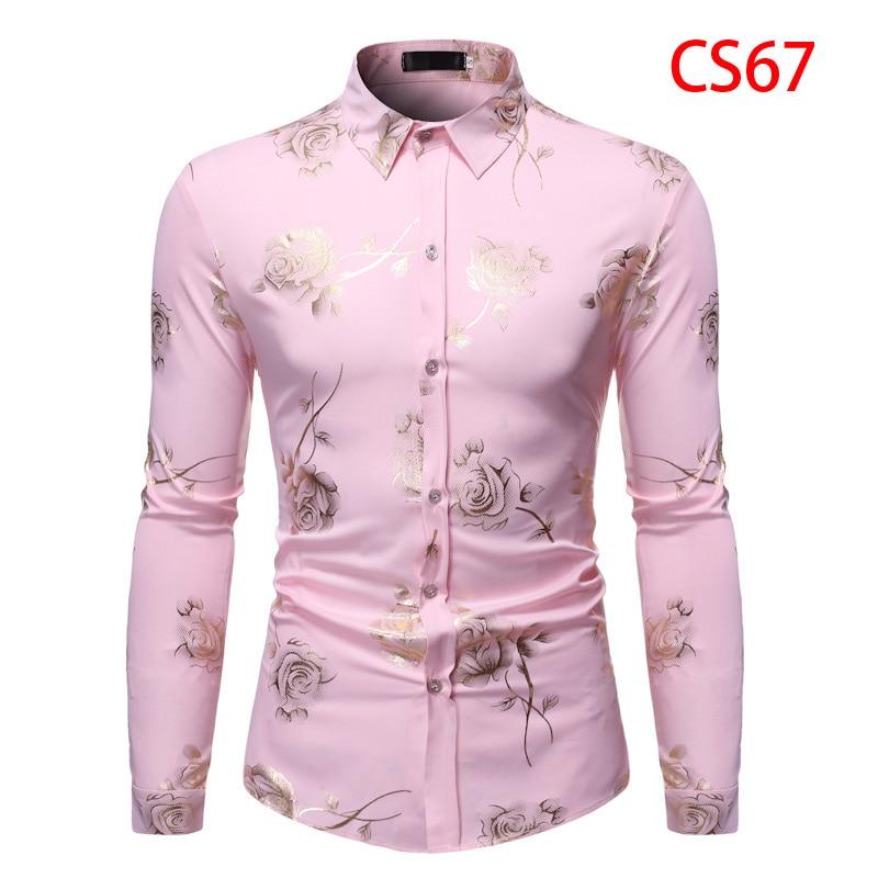 Men Gold Rose Floral Print Dress Shirt Brand Floral Steampunk Chemise White Long Sleeve Wedding Party Bronzing Camisa Masculina CS67 Pink, USA Size S