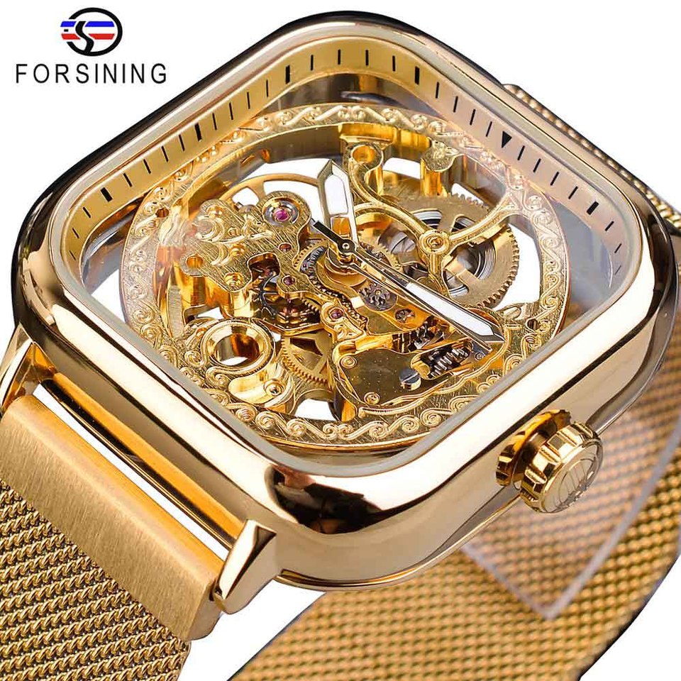 New Men Forsining Golden Automatic Watch Square Skeleton Mesh Steel Band Mechanical Business Clock Relogio Masculino Erkek Kol Saati