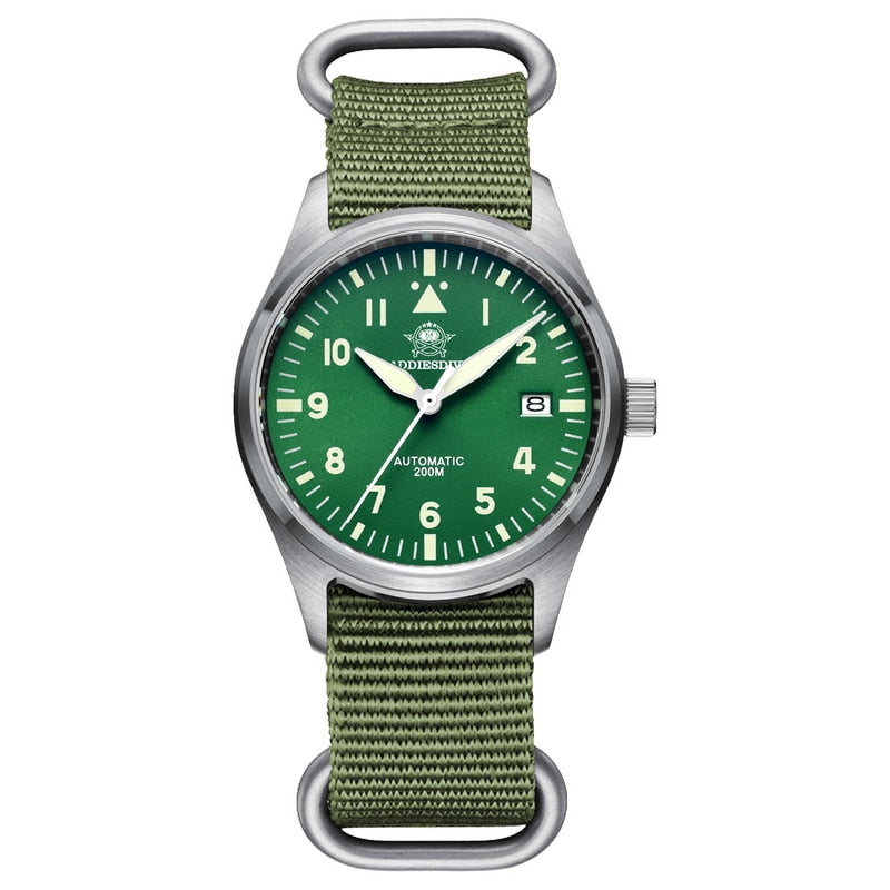 ADDIESDIVE Automatic NH35 Movement Pilot Watch C3 luminous Black Dial and 39mm Case waterproof Sapphire glass 200M Dive watches Nylon green C