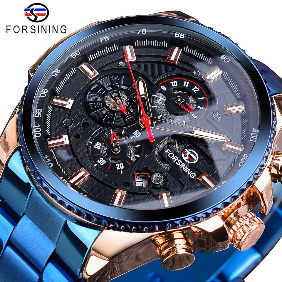 New Men Forsining Three Dial Calendar Watch Stainless Steel Men Mechanical Automatic Wrist Watches Top Brand Luxury Military Sport Male Clock