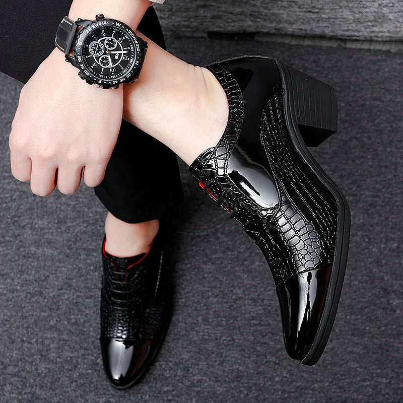 Black Oxford Shoes For Men Thick 6cm High Heels Patent Leather Casual Dress Lace Up Pattern Heighten Classic Wedding Party