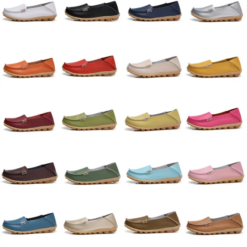 Summer Autumn Women Soft Genuine Leather Breathable Flats Non Slip on Casual Shoes with Round Toe for Mature Ladies Nurse