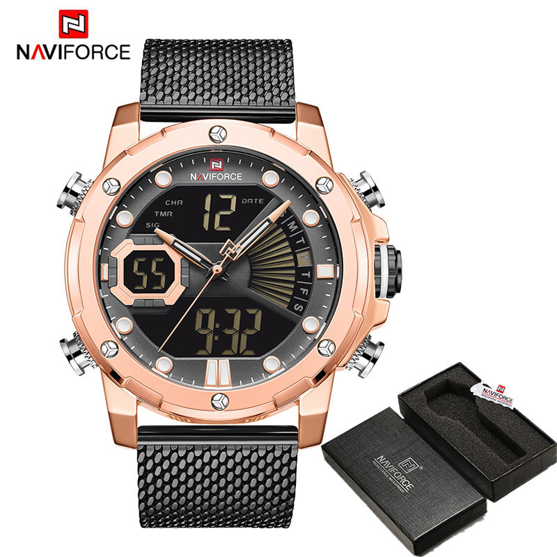 Original Watches For Men Luxury Brand Quartz Dual Display Military Sports Wrist Watch Mesh Steel Band Waterproof Clock RGBB BOX, China