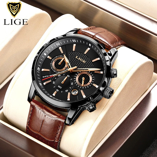 New Mens Watches LIGE Top Brand Luxury Leather Casual Quartz Watch Men Sport Waterproof Clock Watch Relogio Masculino+Box Black gold