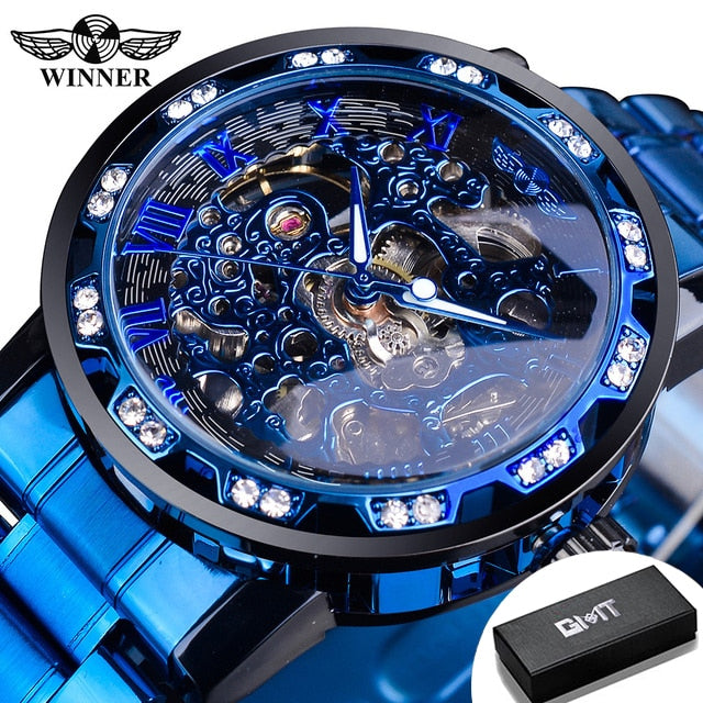 Winner Transparent Fashion Diamond Luminous Gear Movement Royal Design Men Top Brand Luxury Male Mechanical Skeleton Wrist Watch S1089-15