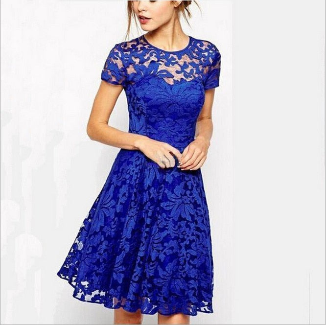 New Women Plus Size Dress Fashion Women Elegant Sweet Hallow Out Lace Dress Party Princess Slim Summer Dresses Vestidos Red Blue Blue, S