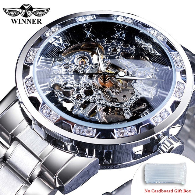 Winner Transparent Fashion Diamond Luminous Gear Movement Royal Design Men Top Brand Luxury Male Mechanical Skeleton Wrist Watch S1089-6Nobox