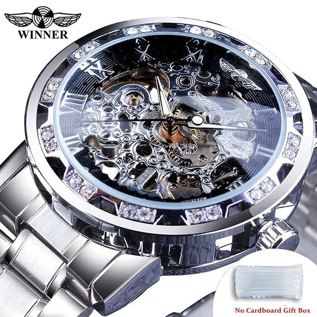 New Men Mechanical Skeleton Wrist Watch Winner Transparent Fashion Diamond Luminous Gear Movement Royal Design Men Top Brand Luxury Male