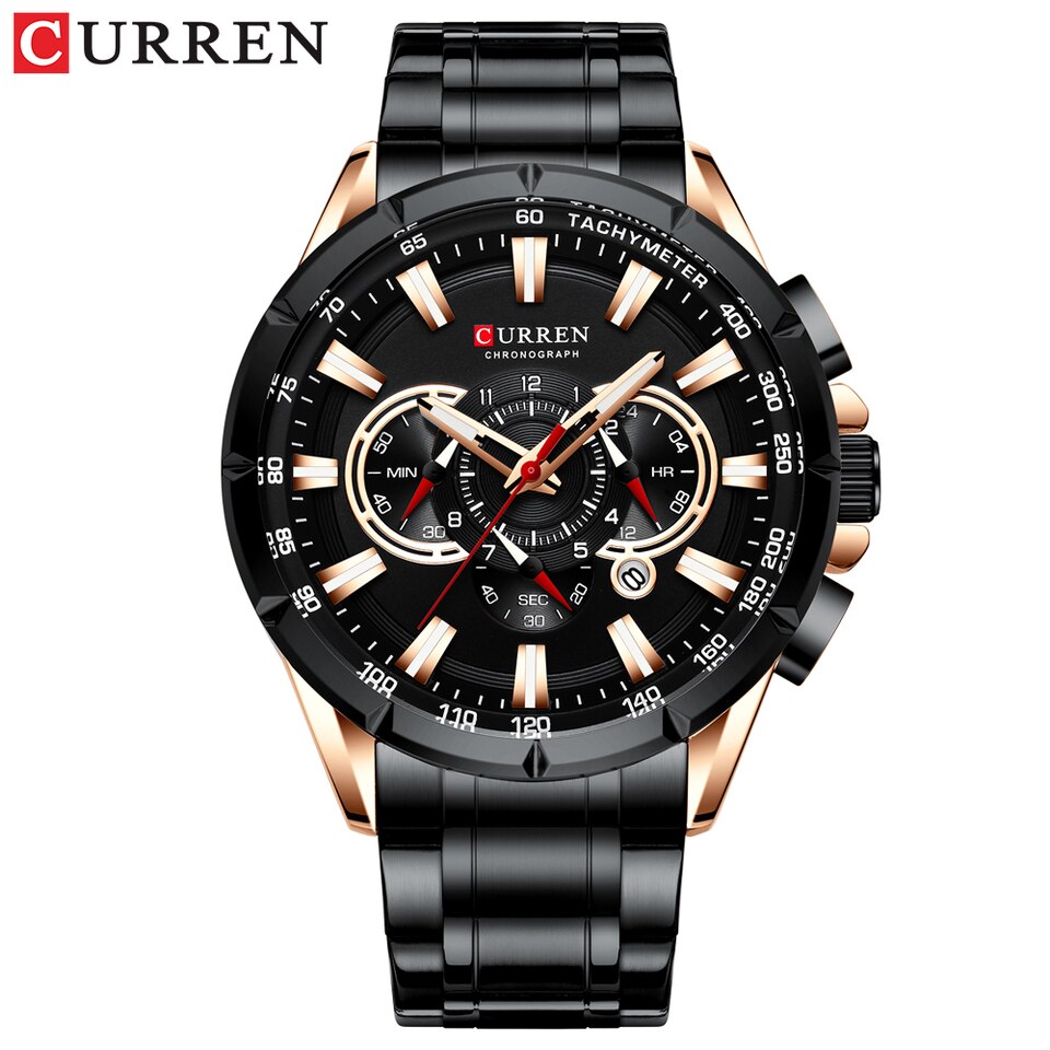 Men New CURREN Casual Sport Chronograph Men Watch Stainless Steel Band Wristwatch Big Dial Quartz Clock with Luminous Pointers rose black