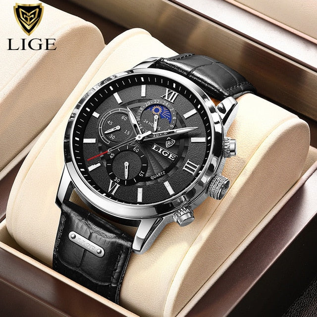 New Mens Watches LIGE Top Brand Luxury Leather Casual Quartz Watch Men Sport Waterproof Clock Watch Relogio Masculino+Box