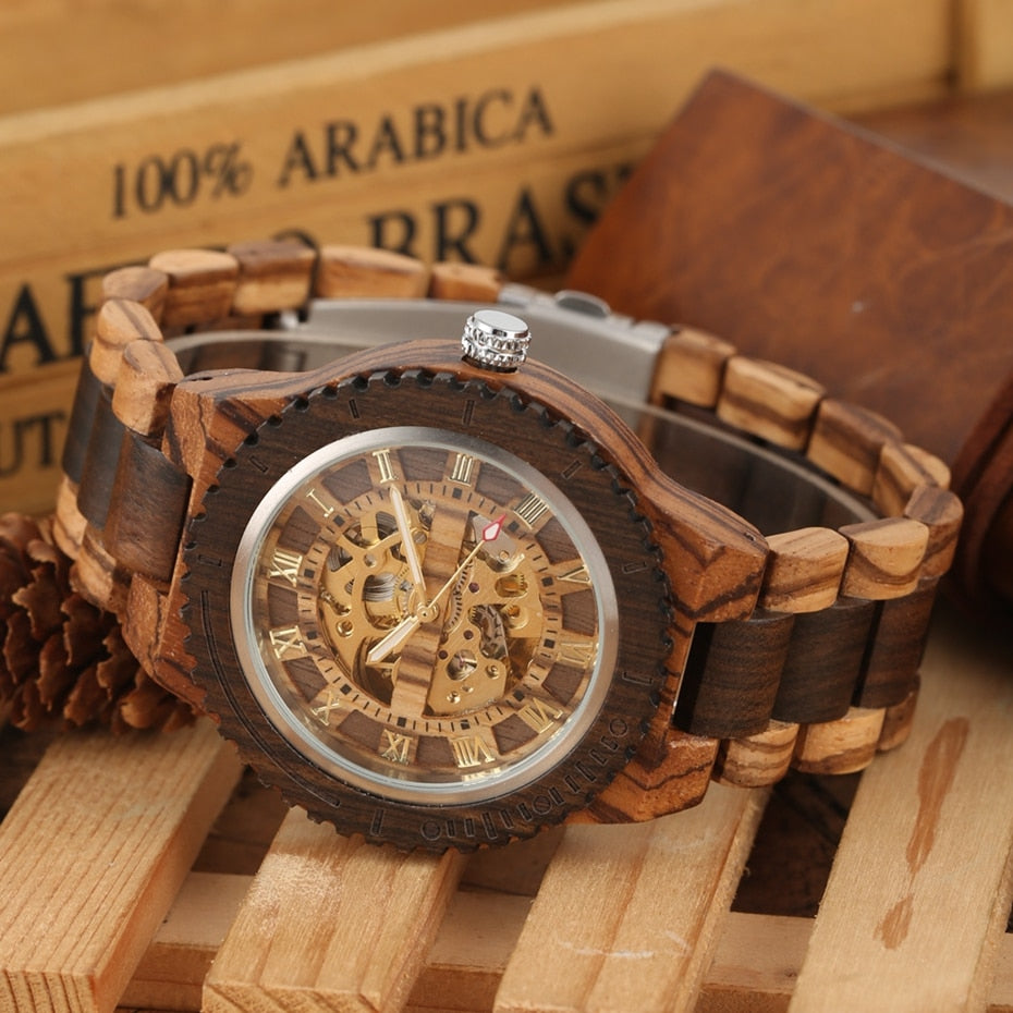 New Men Luxury Round Automatic Watches Quality Top Brand Watch for Men Fashion Wood Clock Adjustable Wooden Bracelet Mechanical Wrist watch