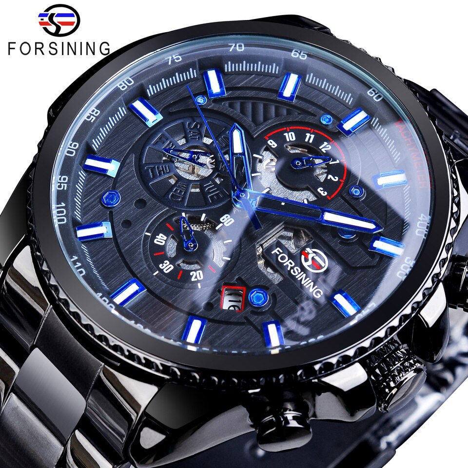 New Men Forsining Three Dial Calendar Watch Stainless Steel Men Mechanical Automatic Wrist Watches Top Brand Luxury Military Sport Male Clock