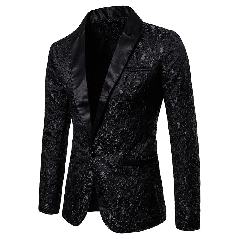 New Men Floral Party Dress Stylish Dinner Jacket Wedding Blazer Prom Tuxedo black, XL