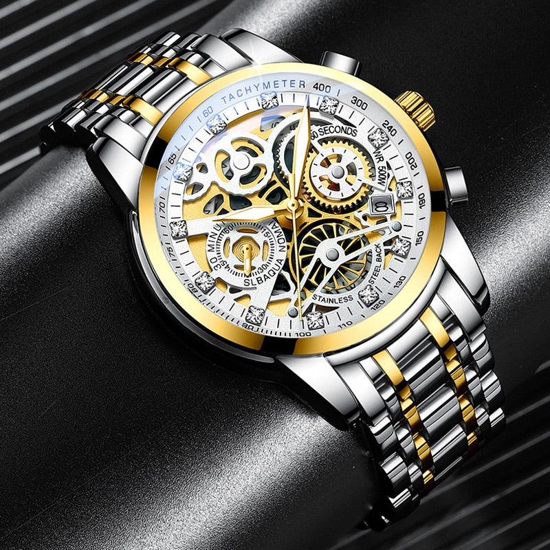 Men Watches Tourbillon Rotating Window Top Luxury Brand Fashion Quartz Men Watch Waterproof Gold Steel Business Wristwatch