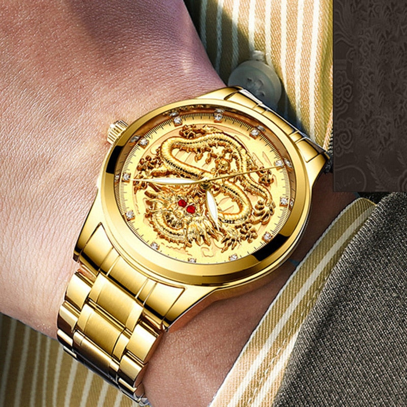 Luxury Embossed Gold Dragon Watch Men Full Steel Waterproof Watch Men Diamond Ruby Fashion Casual Japan Quartz Clock