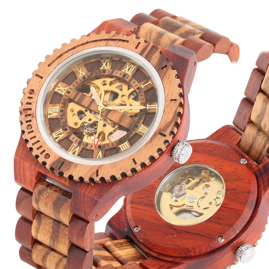 New Men Luxury Round Automatic Watches Quality Top Brand Watch for Men Fashion Wood Clock Adjustable Wooden Bracelet Mechanical Wrist watch