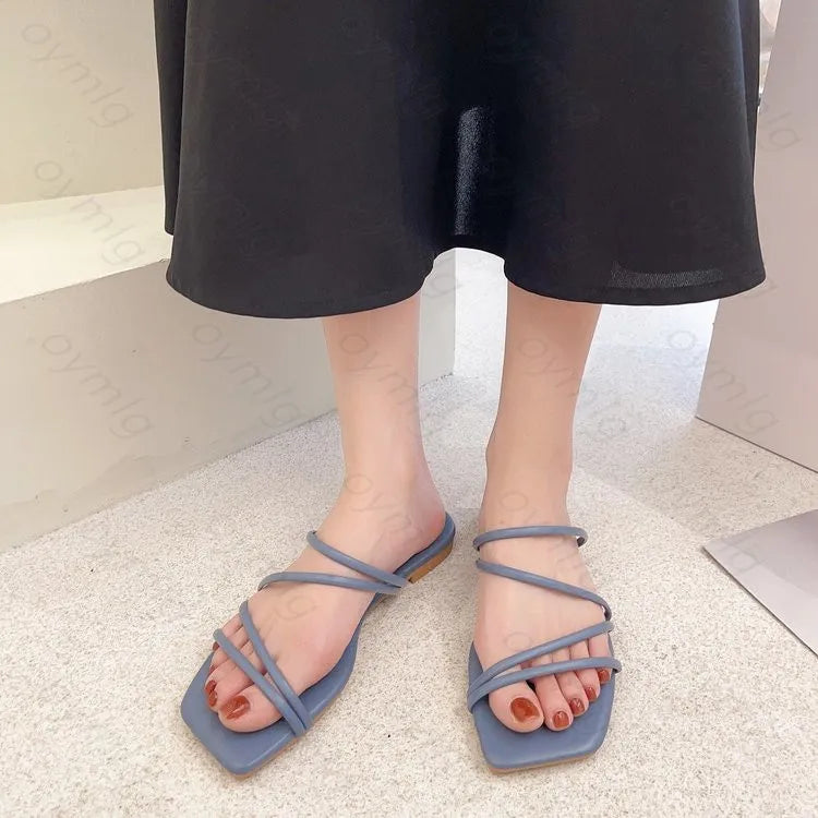 Slippers women summer Korean version new square-toe flat-heel candy color fashion outer wear sandals slippers