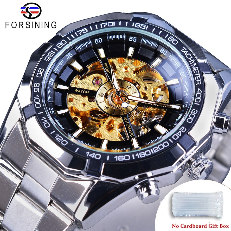 New Men Forsining Stainless Steel Watch Waterproof Mens Skeleton Watches Top Brand Luxury Transparent Mechanical Sport Male Wrist Watches