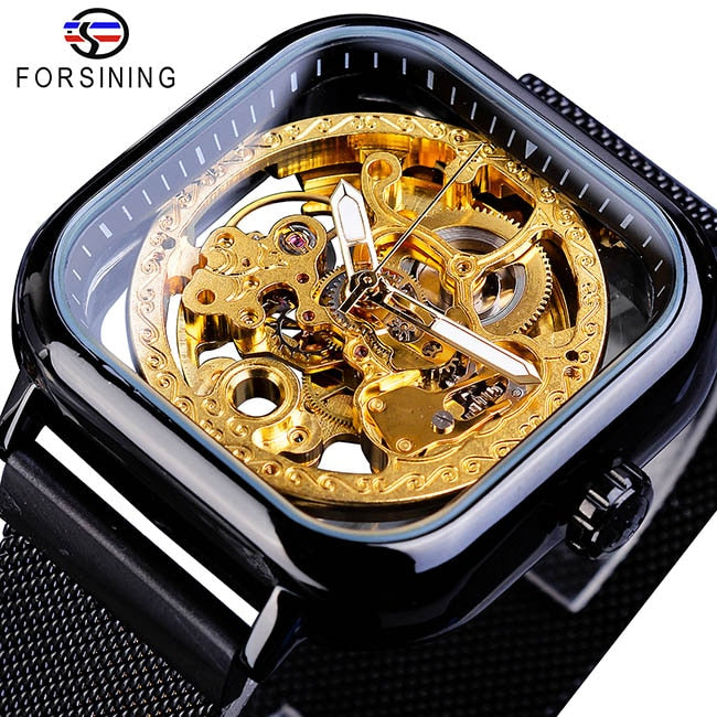 New Men Forsining Golden Automatic Watch Square Skeleton Mesh Steel Band Mechanical Business Clock Relogio Masculino Erkek Kol Saati