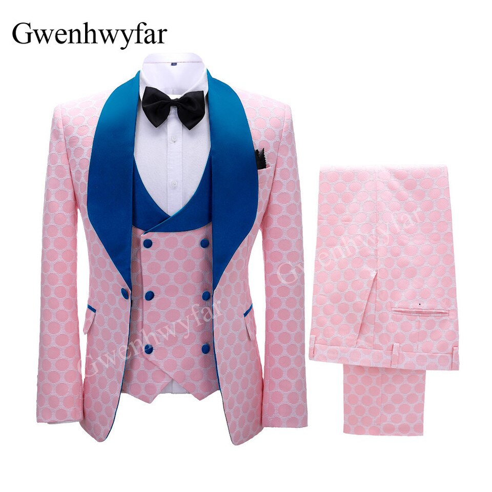 New Polka Dot Dress Suit for Men Custom Made Shawl Lapel Blazer Vest with Pants Fashion Wedding Tuxedos Groomsmen Wear image color 6, S