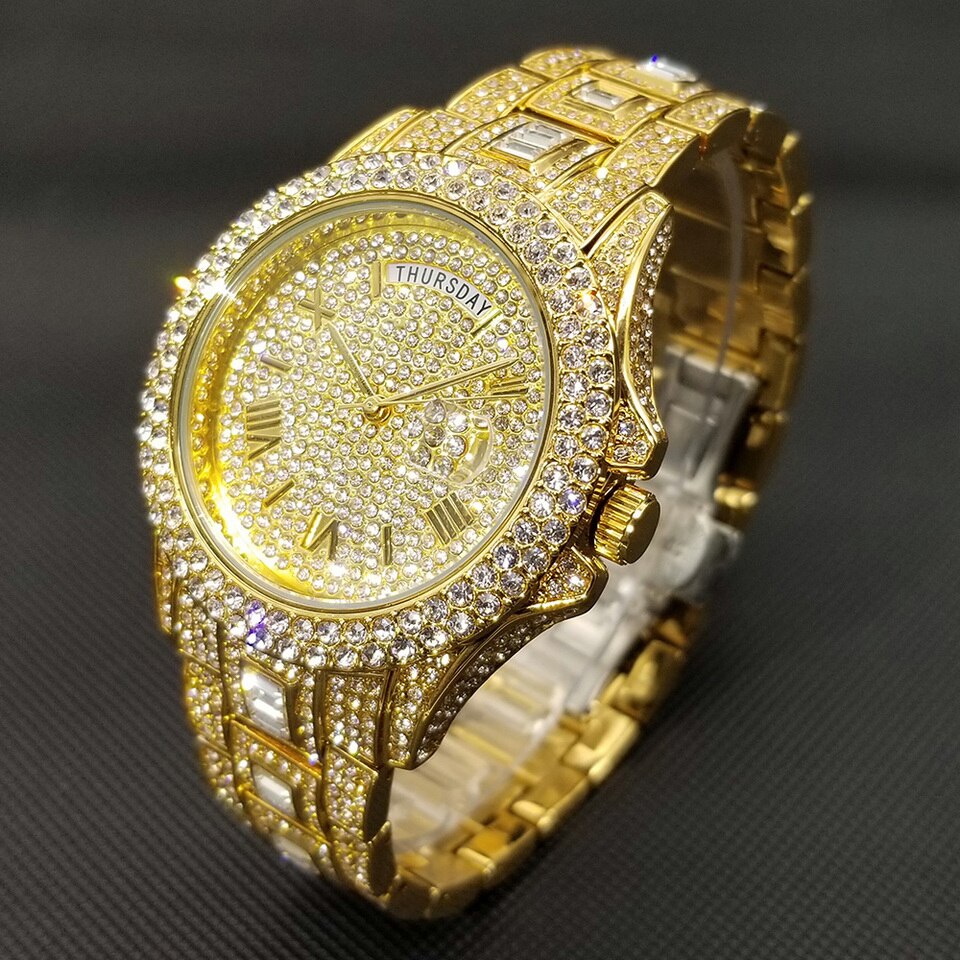 New Iced Out Watch For Men Luxury Gold Full Diamond Mens Watches Hip Hop Waterproof Day Date Clock