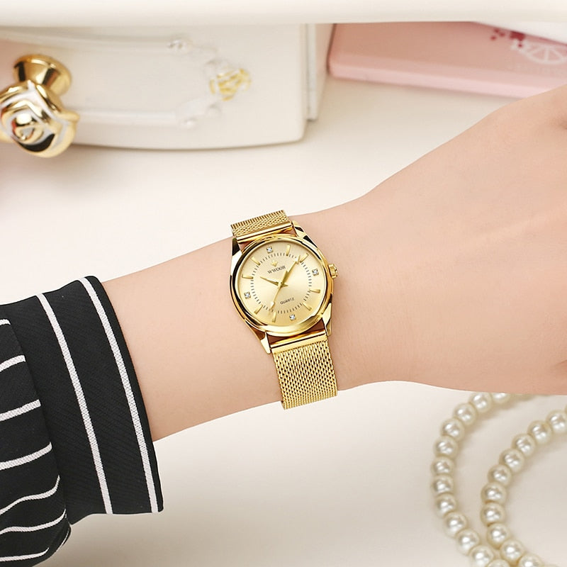 Luxury Brand Dress Gold Watch Ladies Elegant Diamond Small Quartz Wrist Watches For Women Steel Mesh Clock zegarek damski