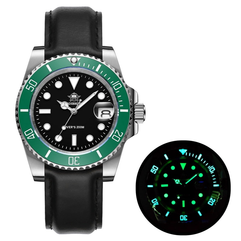 Men Luxury Quartz Watch 200m diver watches 41mm Ceramic Bezel Calendar Display Luminous Watches Men watch leather green black