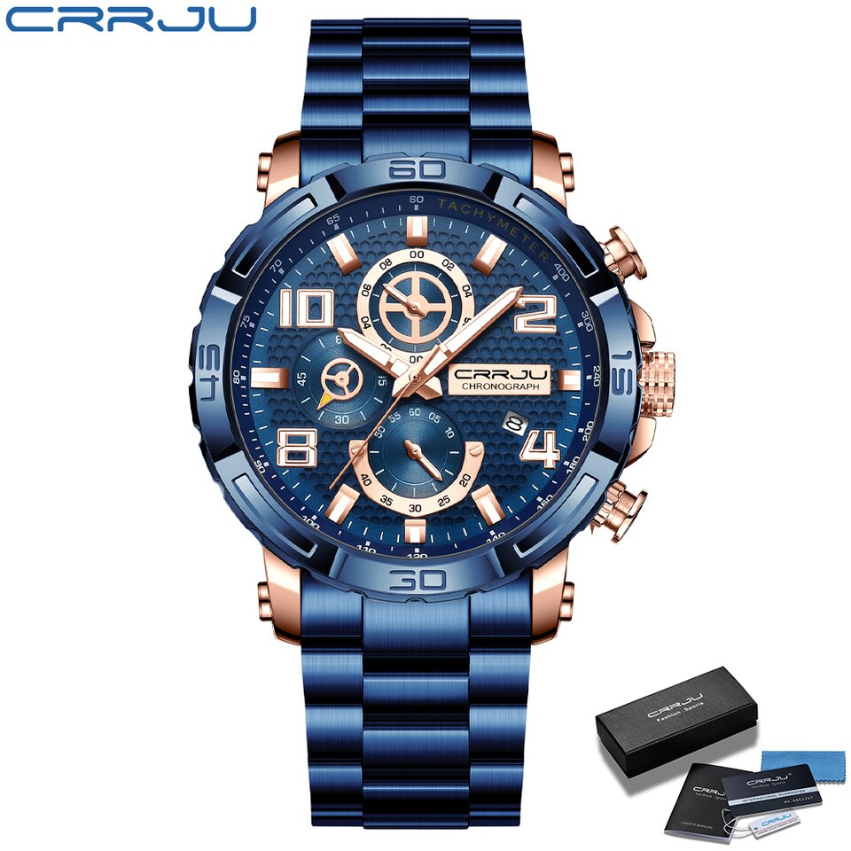 Men Watches Big Dial Waterproof Stainless Steel with Luminous hands Date Sport Chronograph Watches Relogio Masculino