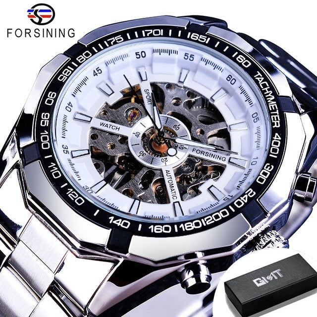 New Men Forsining Stainless Steel Watch Waterproof Mens Skeleton Watches Top Brand Luxury Transparent Mechanical Sport Male Wrist Watches