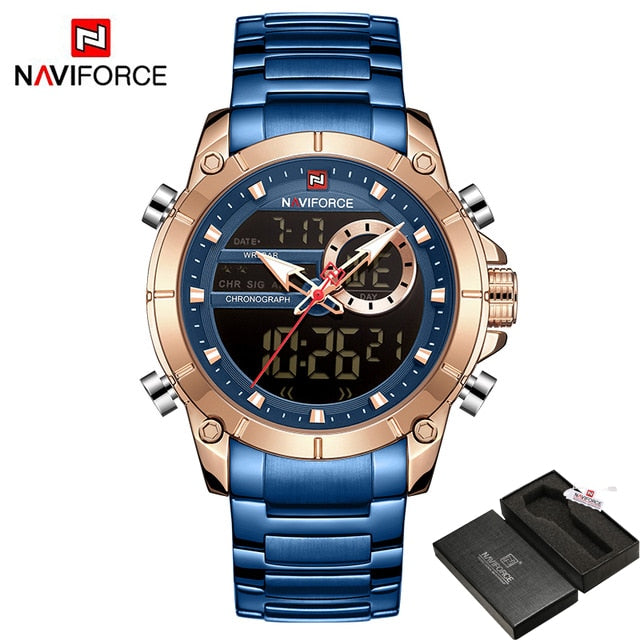 Casual Quartz Watch Men Stainless Steel Men Army Military Led Clock Male Waterproof Watches Blue Gold Box