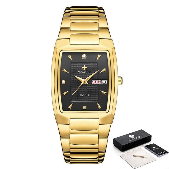 New Square Watch Men with Automatic Week Date Luxury Stainless Steel Gold Mens Quartz Wrist Watches Relogio Masculino