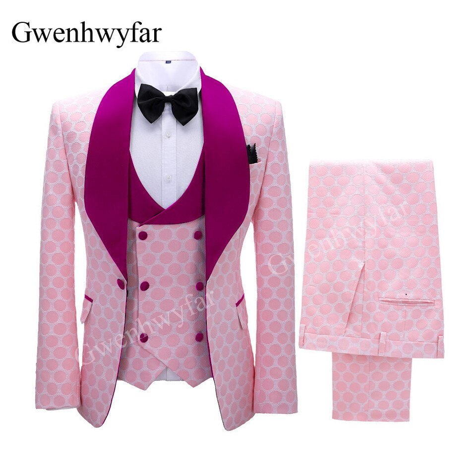 New Polka Dot Dress Suit for Men Custom Made Shawl Lapel Blazer Vest with Pants Fashion Wedding Tuxedos Groomsmen Wear image color 4, S