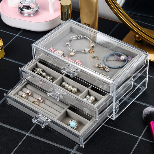 Clear Acrylic Jewelry Box With 3 Drawers Velvet Jewellery Organizer for women  Earring Holder Rings Case Necklaces Bracelets