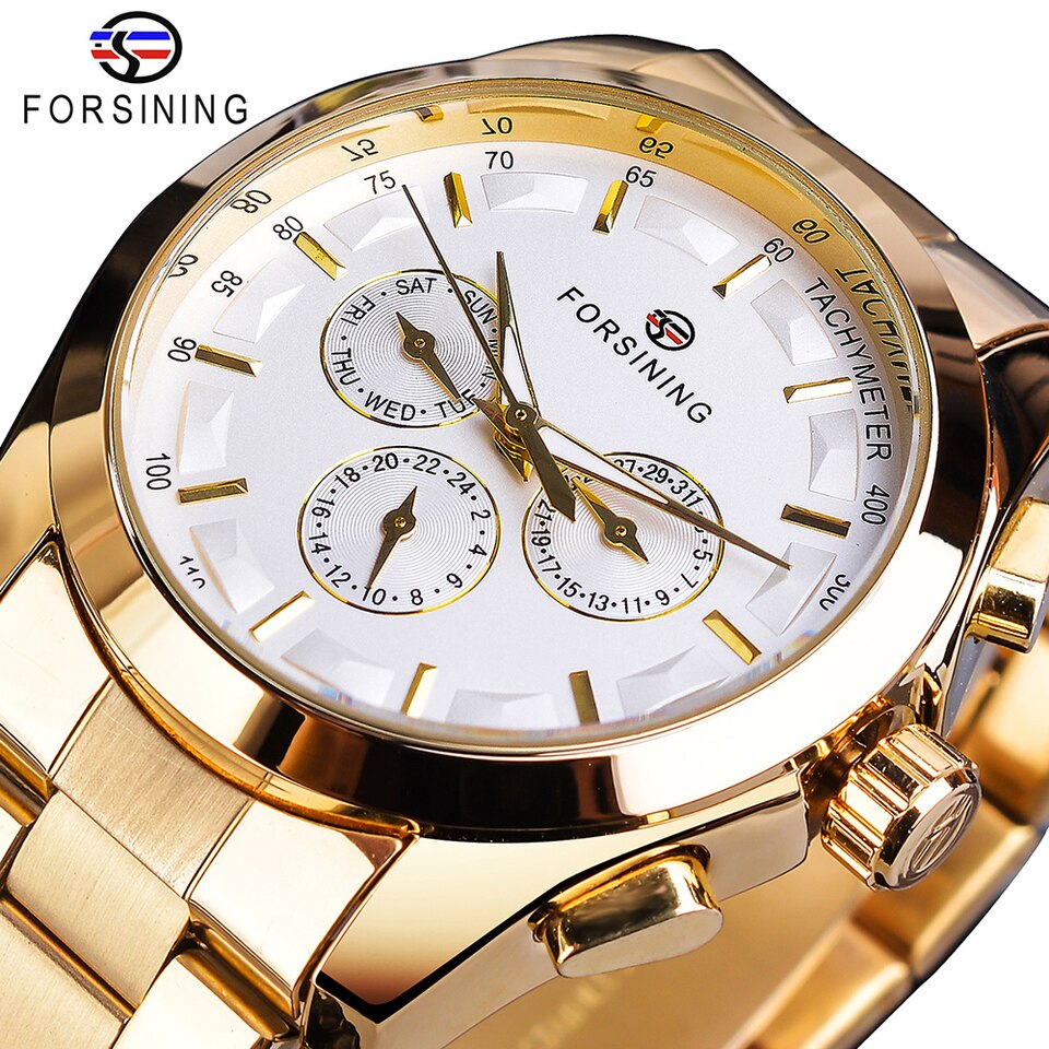 New Men Forsining Black Mechanical Watch 3 Dial Calendar Automatic Self Wind Clock Business Sport Stainless Steel Belts Wristwatch