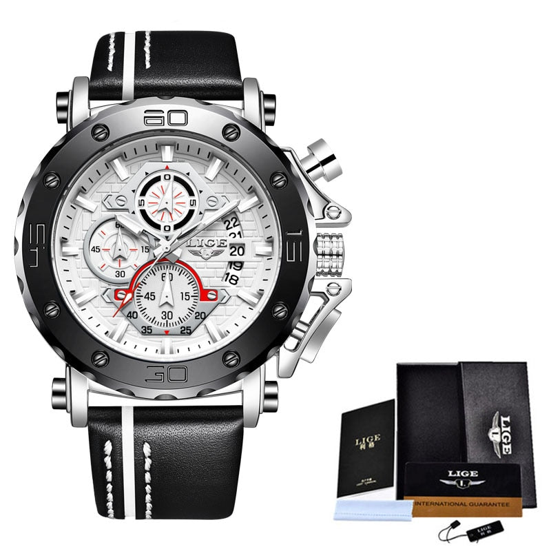 Men Watches Fashion Sport Leather Watch Mens Luxury Date Waterproof Quartz Chronograph SIlver White, China