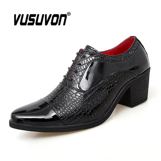 Black Oxford Shoes For Men Thick 6cm High Heels Patent Leather Casual Dress Lace Up Pattern Heighten Classic Wedding Party