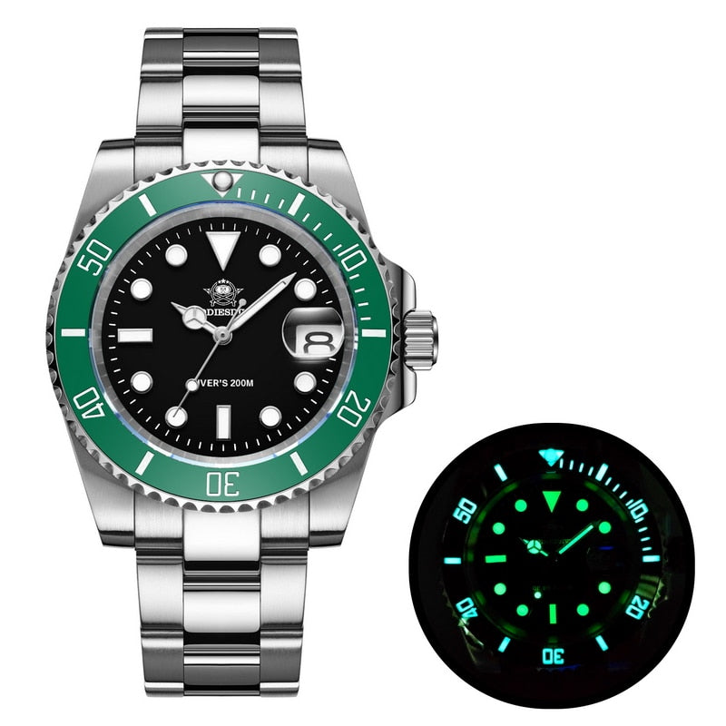 Men Luxury Quartz Watch 200m diver watches 41mm Ceramic Bezel Calendar Display Luminous Watches Men watch Green black